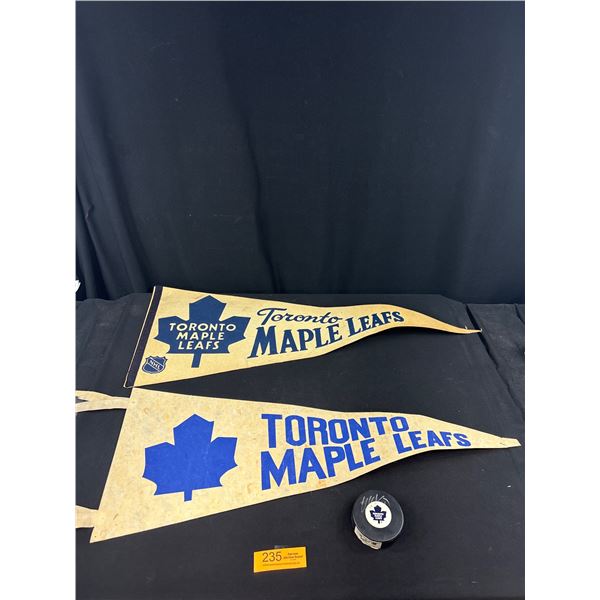2 Vintage Toronto Maple Leafs Pennants and a Wendal Clark Signed Leafs Puck