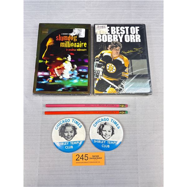 Pair of Shirley Temple Chicago Times Pins Pencils 2 Sealed DVDs