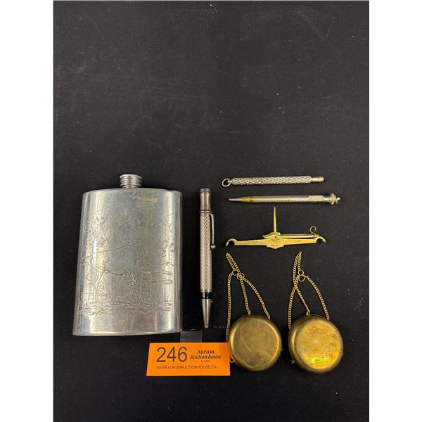 Vintage Collectible lot engraved flask plus Handheld Scale and Marking Pencils