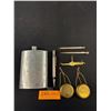 Image 1 : Vintage Collectible lot engraved flask plus Handheld Scale and Marking Pencils