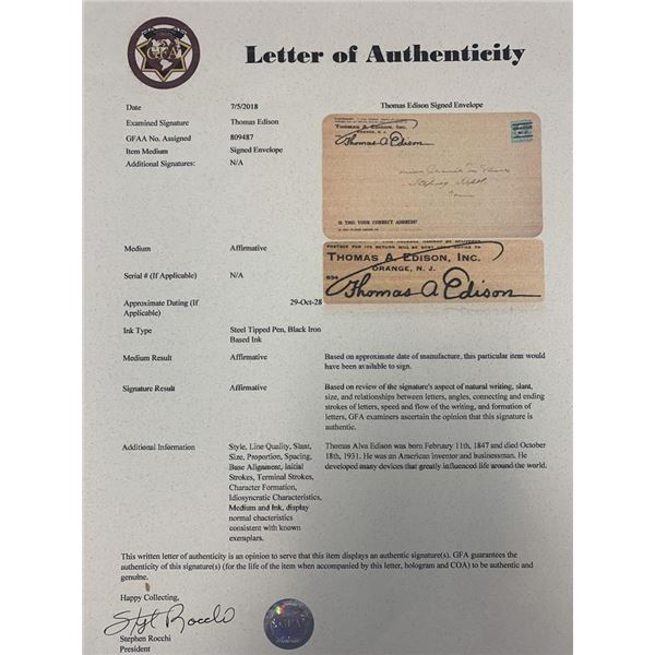 Thomas Edison signed letter holder. GFA authenticated