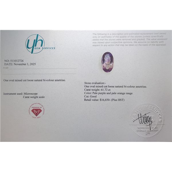 $16,650 Appraisal - 61.72 ct Cert. Bi-Colour Ametrine Gemstone