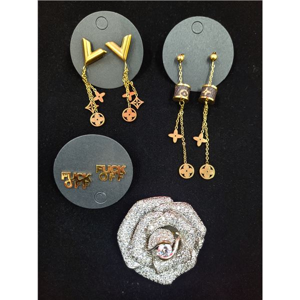 VTG Chanel Brooch, 2 Pairs of Replica Louis Vuitton Earrings, & Fuck Off Earrings w/ Tiffany Box
