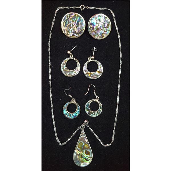 3 Pairs of Alpaca Silver Abalone Earrings & Mexican Sterling Abalone Necklace