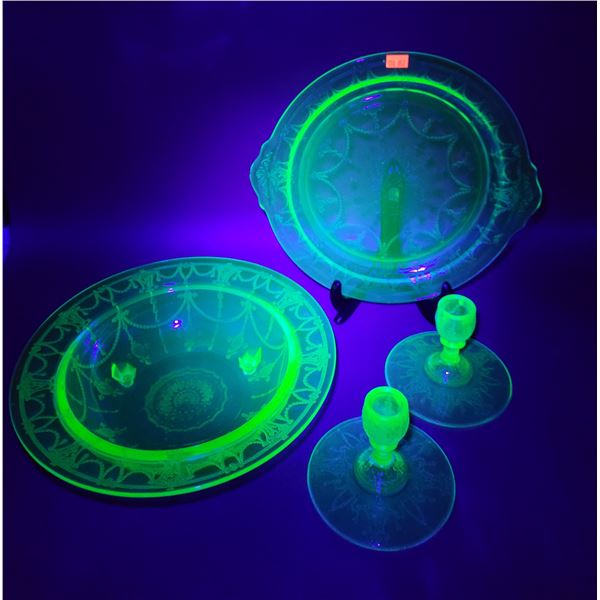 Uranium Glass Lot w/ 2 Candleholders, 11" Footed Bowl, & 10.5" Platter