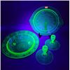 Image 1 : Uranium Glass Lot w/ 2 Candleholders, 11" Footed Bowl, & 10.5" Platter