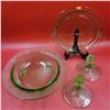 Image 2 : Uranium Glass Lot w/ 2 Candleholders, 11" Footed Bowl, & 10.5" Platter