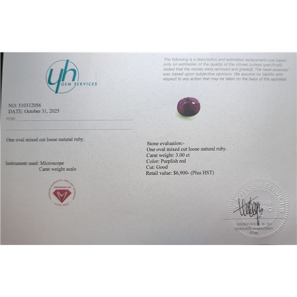 $6,900 Appraisal - 3 ct Cert. Untreated Ruby Gemstone