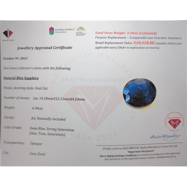 $10,410 Appraisal - 6.94 ct Cert. Midnight Sapphire Gemstone