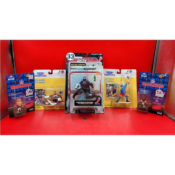 NHLPA Hockey Action Figures (Roy, Messier) & NFL Headliners Bobbleheads (Marino, Smith)