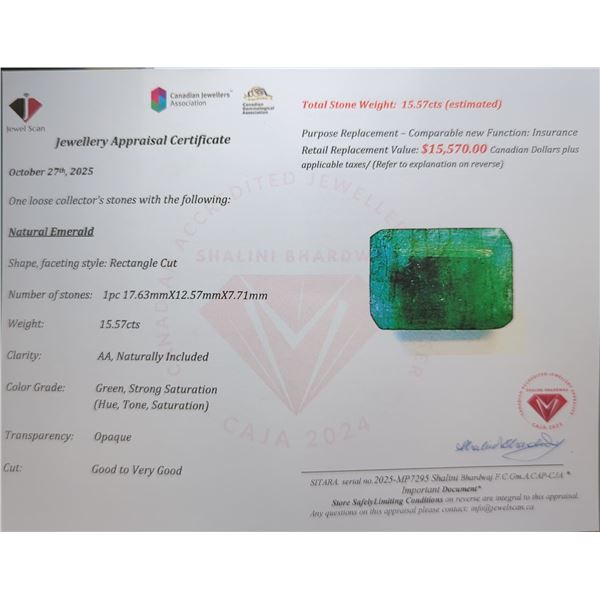 $15,570 Appraisal - 15.57 ct Cert. Emerald Gemstone