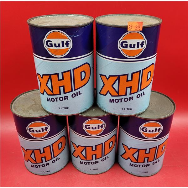Lot Of 5 VTG Full Gulf XHD Motor Oil Cans
