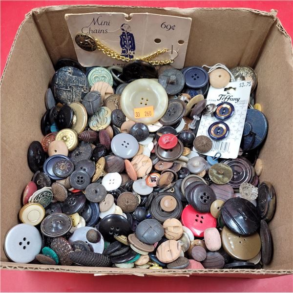 Box of Assorted VTG Buttons w/ Tiffany Buttons & Mini Chain
