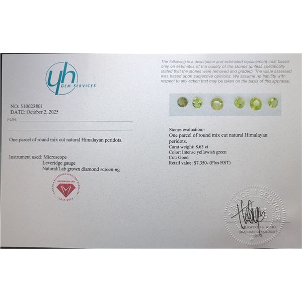 $7,350 Appraisal - 8.63 ct Cert. Himalayan Peridot Gemstone Parcel