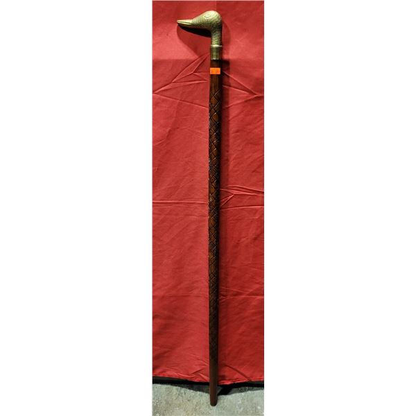 Hand-Carved Wooden Walking Stick w/ Brass Duck Head Handle