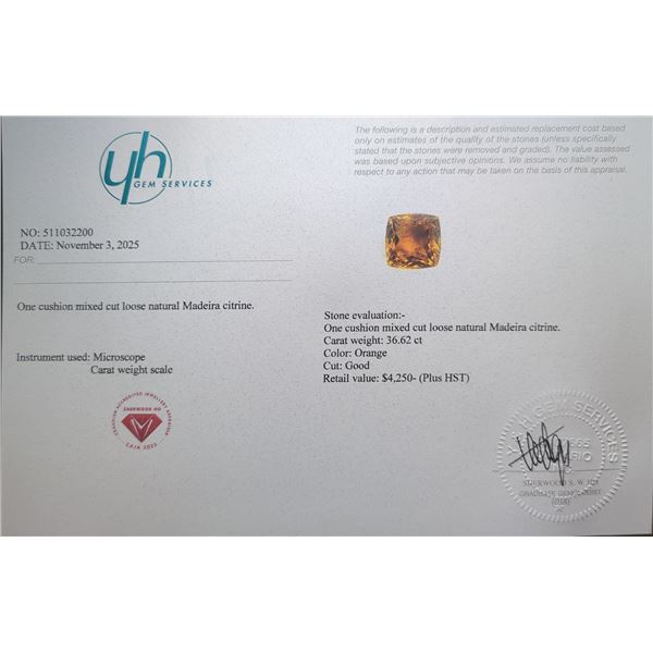 $4,250 Appraisal - 36.62 ct Cert. Madeira Citrine Gemstone