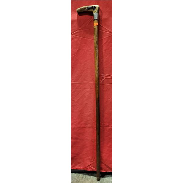 Wooden Walking Stick w/ Carved Antler Handle