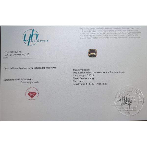 $12,550 Appraisal - 5.83 ct Cert. Imperial Topaz Gemstone