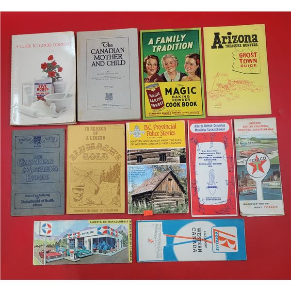 VTG Booklet Lot w/ Magic Baking Powder Cookbook, Gas Station Road Maps, & More
