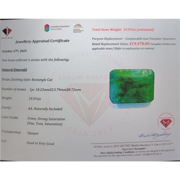 $19,970 Appraisal - 19.97 ct Cert. Emerald Gemstone