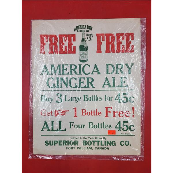 VTG Paper America Dry Ginger Ale Advertising Sign
