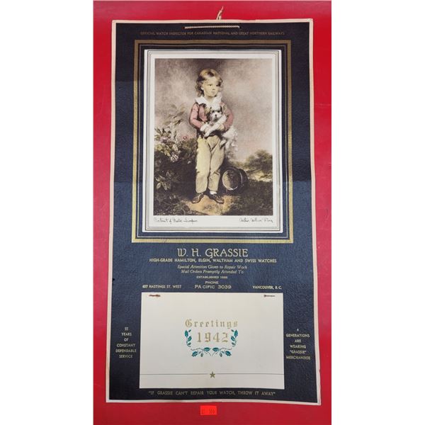 VTG W.H. Grassie Watches 1942 Advertising Calendar
