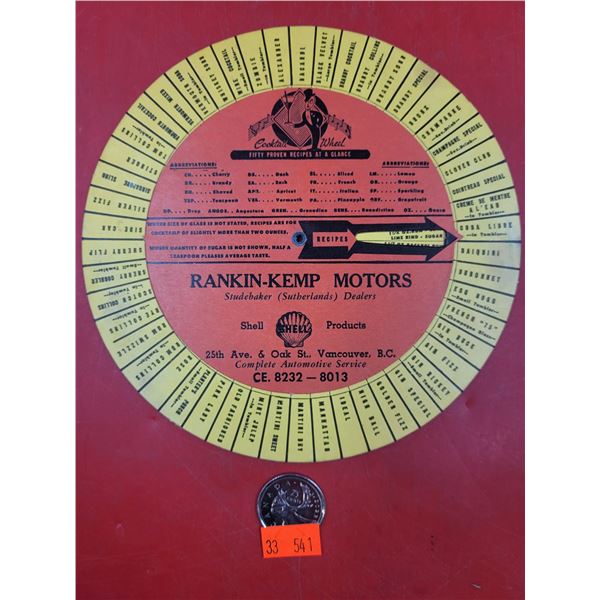 1940s-50s Shell Studebaker Dealer Vancouver "Fifty Proven Recipes" Cocktail Wheel