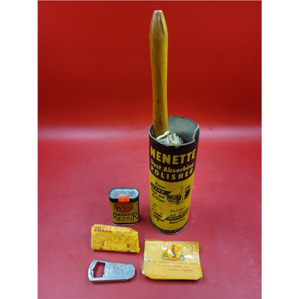 VTG Automobilia Lot w/ Polisher, Radiator Repair Tin, & Shell Collectibles