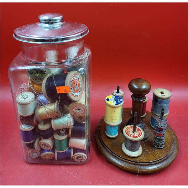Jar of Assorted Thread Spools & Wooden Spool Holder