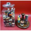 Image 1 : Jar of Assorted Thread Spools & Wooden Spool Holder