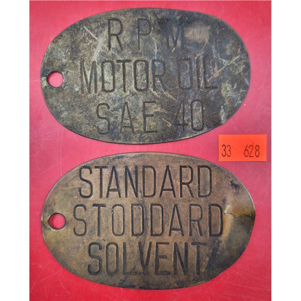 2 Brass Motor Oil/Solvent Signs