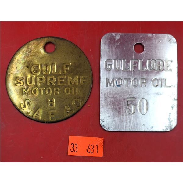 2 Metal Gulf Motor Oil Tags