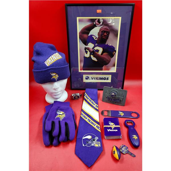 Vikings Collectibles Lot w/ Framed Print, Tie, Gloves, Bottle Openers, & More