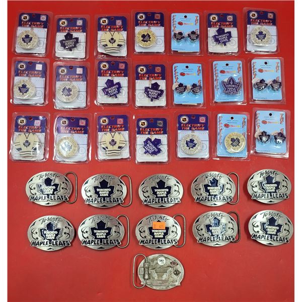 Toronto Maple Leafs Collectibles Lot w/ Pewter Belt Buckles & Assorted Light-Up Pins
