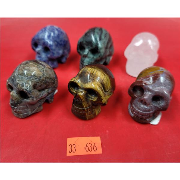 Assorted Stone Skulls w/ Tigerseye, Zebra Jasper, Quartz, & More