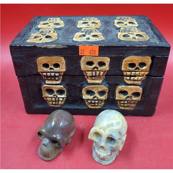2 Stone Skulls & Skull Trinket Box