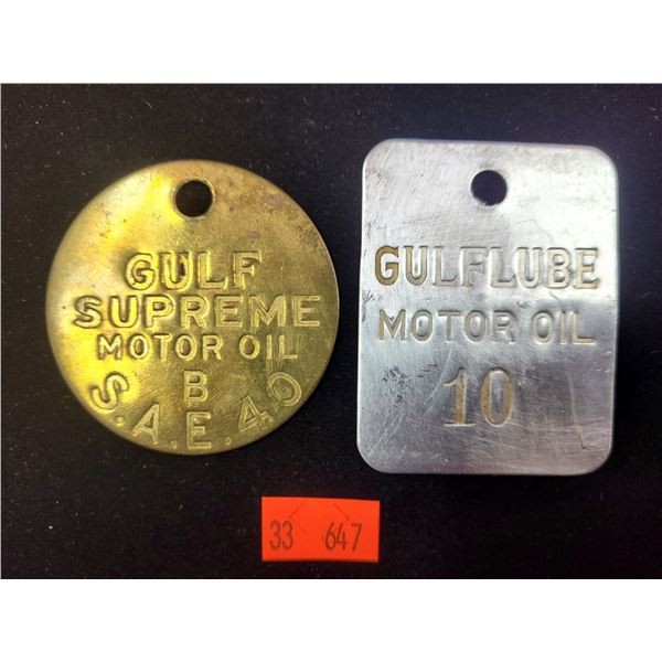 2 Metal Gulf Motor Oil Tags