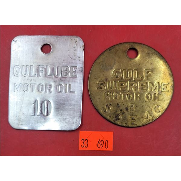 2 Metal Gulf Motor Oil Tags