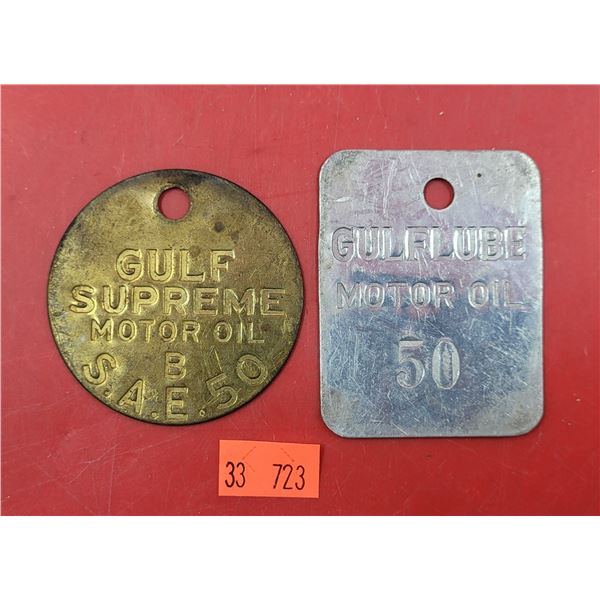Two VTG Gulf Motor Oil Tags