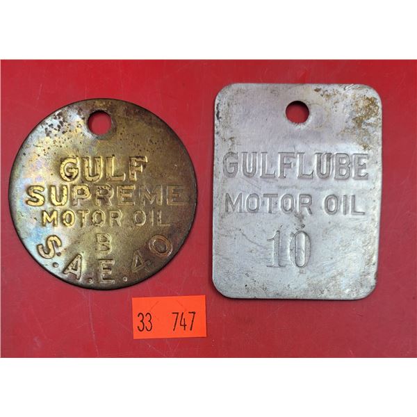 2 Metal Gulf Motor Oil Tags