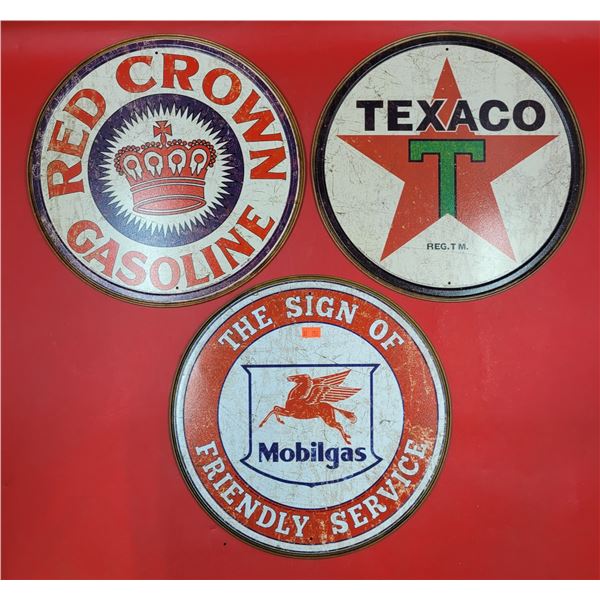 3 Gas/Oil Wall Hangings w/ Red Crown, Texaco, & Mobilgas