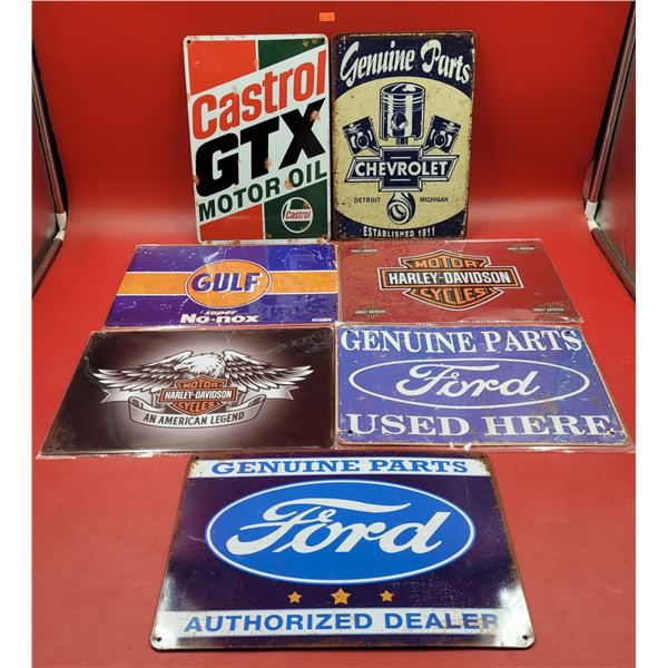 Lot of Assorted Tin Automobila Signs (Castrol Oil, Ford, Harley-Davidson, etc.)