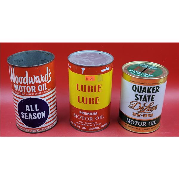 Quaker State Motor Oil Coin Bank & 2 VTG Motor Oil Cans (Woodward's & Lubie Lube)