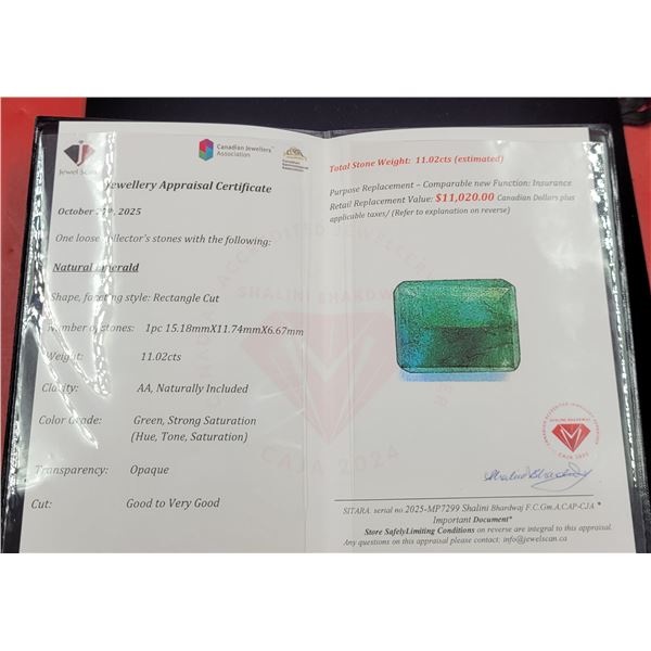 $11,020 Appraisal - 11.02 ct Cert. Emerald Gemstone
