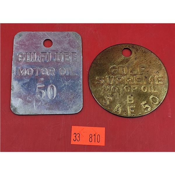 2 Metal Gulf Motor Oil Tags