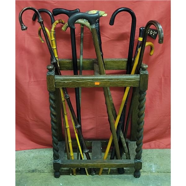 Assorted Walking Sticks & Wooden Stand