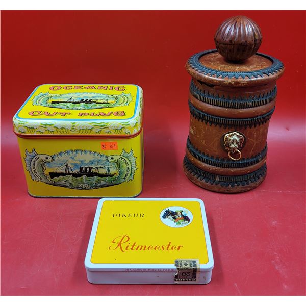 VTG Leather Decanter & 2 Tobacco Tins
