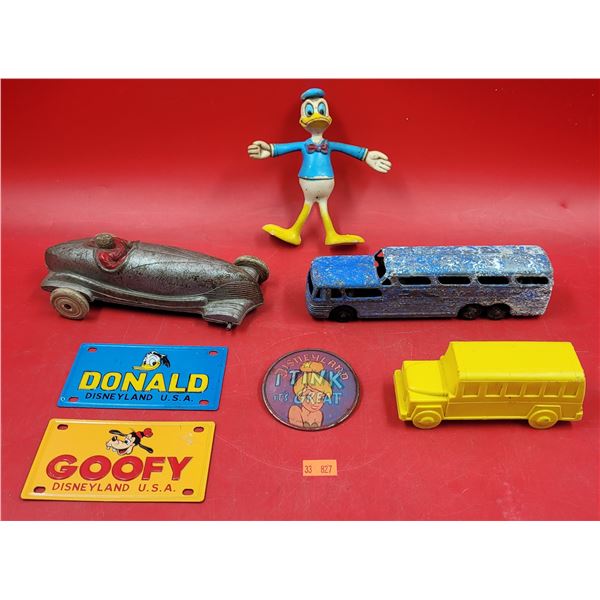VTG Toy Lot w/ Diecast Vehicles, Mini Disney License Plates, & More