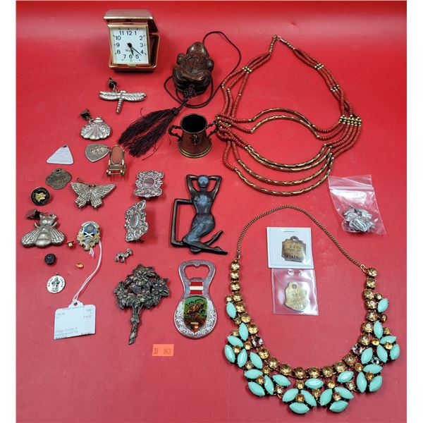 VTG Smalls Lot w/ St. James Sterling Pendant, Costume Jewelry, Travel Clock, & More