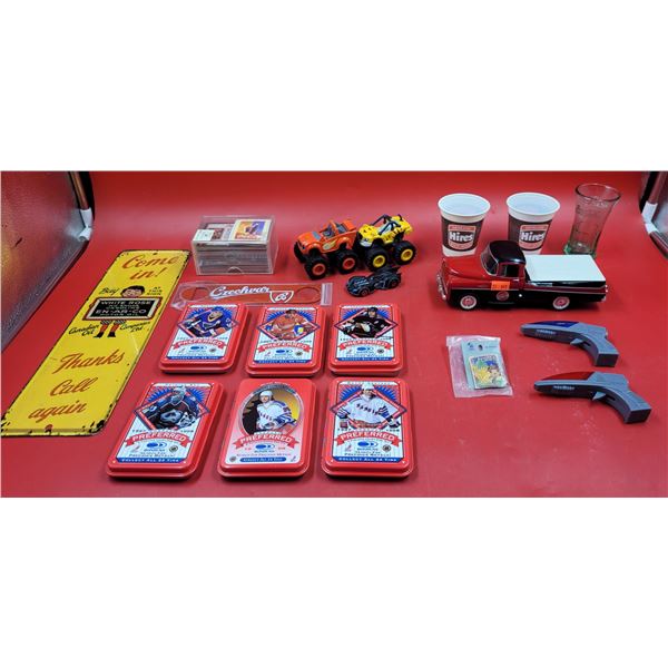 Collectibles Lot w/ Tin White Gasoline Sign, Hockey Tins, Hires Root Beer Cups, & More